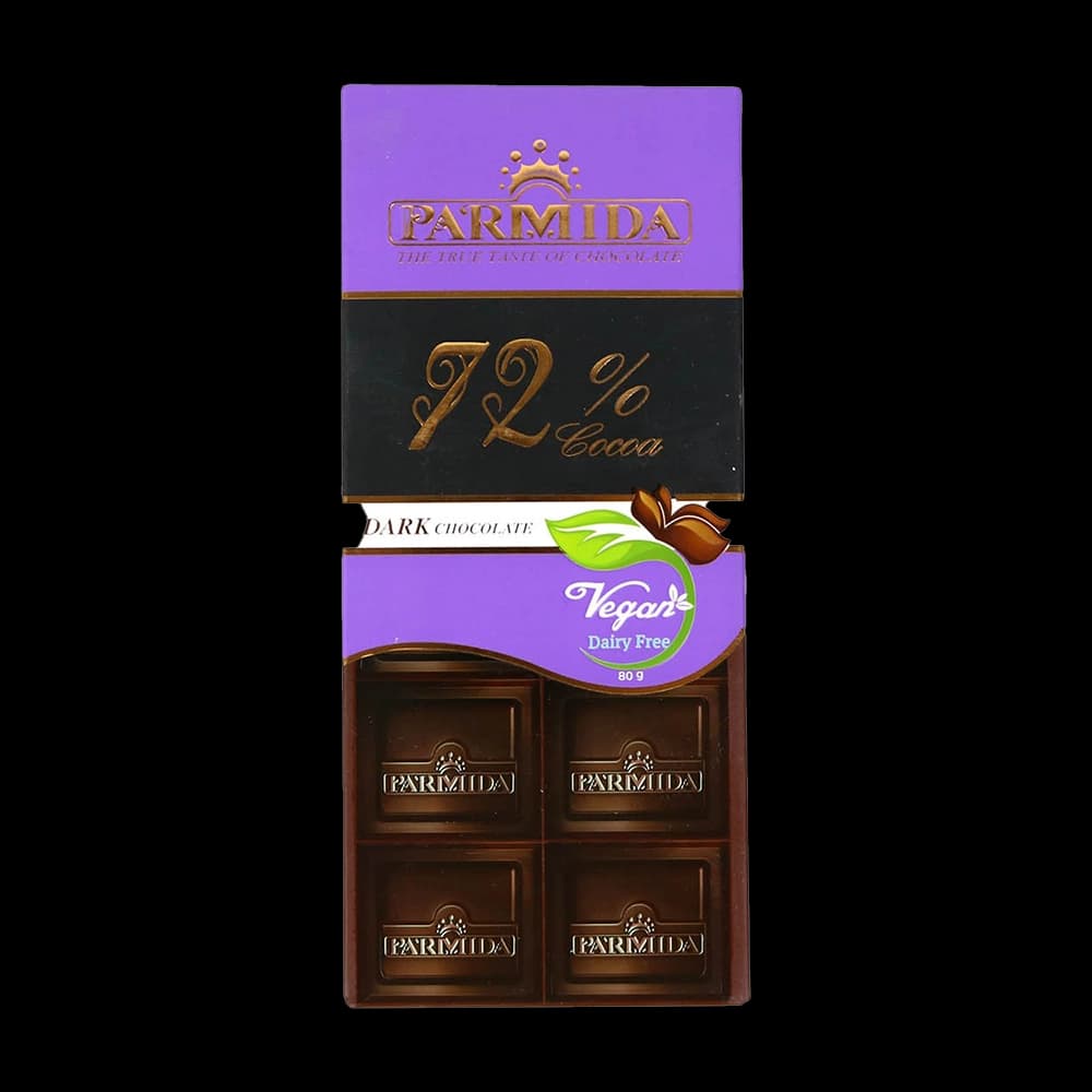 شکلات تخته ای تلخ 72 درصد وگان 80 گرم پارمیدا