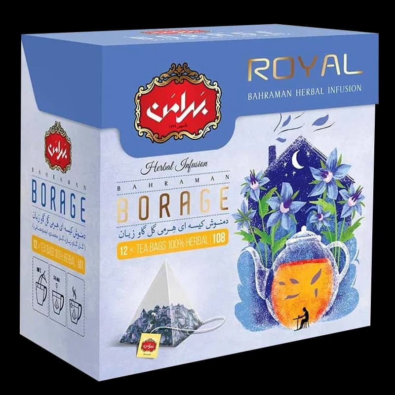 دمنوش کیسه ای هرمی گل گاوزبان و گل محمدی و لیمو عمانی 12عددی بهرامن