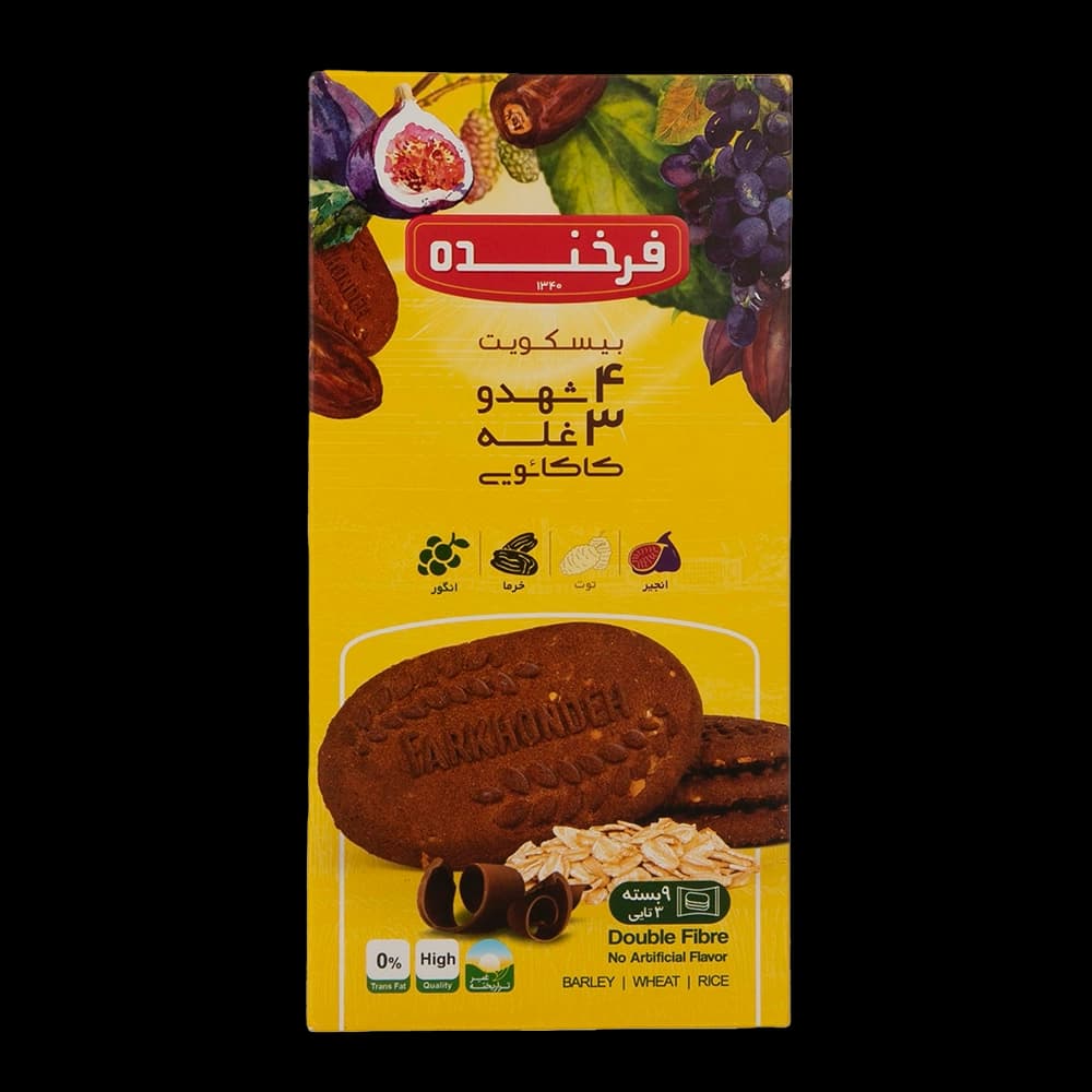 بیسکویت کاکایویی 4 شهد و 3 غله خوشین 215 گرم فرخنده