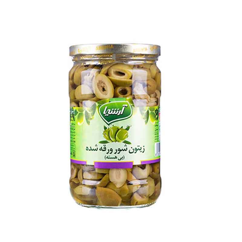 زیتون شور ورقه شده آرشیا بی هسته وزن 660 گرم