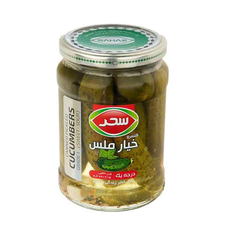 کنسرو خیارخاردار درجه یک در محلول ملس سحر وزن 630 گرم